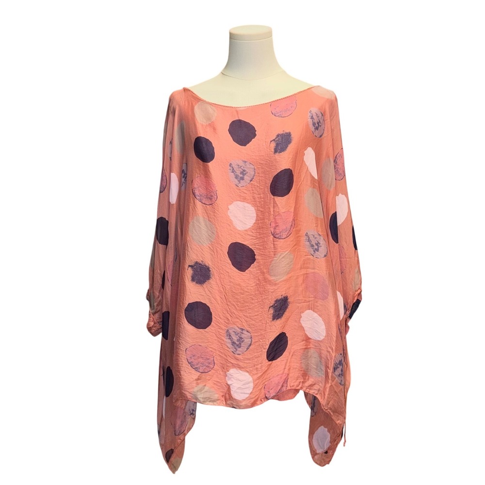 Italian Silk Blend Poncho Blouse Womens OS Pink Good Abstract Polka Dot Sheer